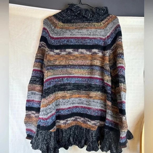 Susan Bristol Wool Blend Sweater Open Cardigan Ruffled Size L Black Tan Striped - Picture 2 of 3